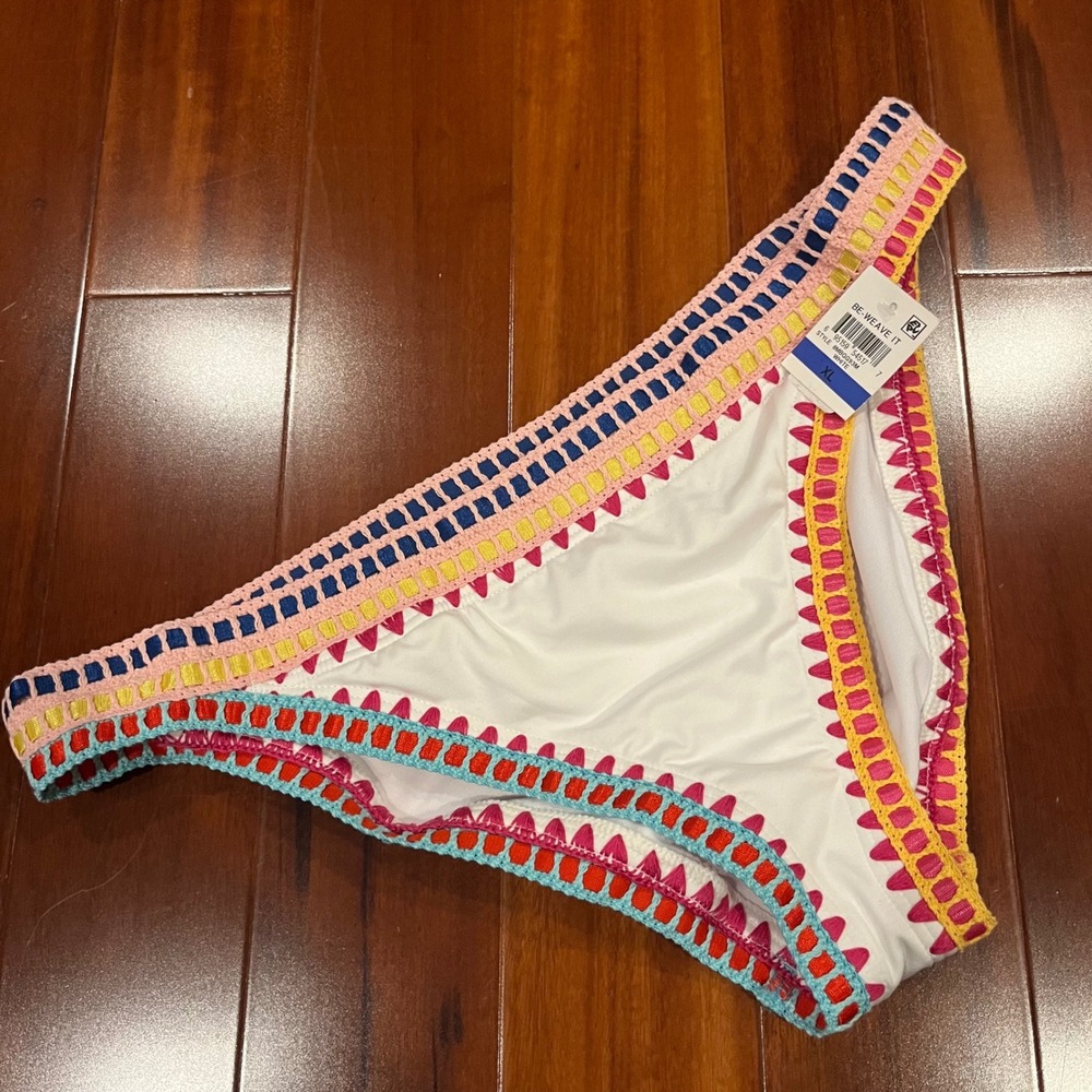 Bar III Crochet Bikini Bottom Swim Be-Weave It White Multi Trim New Size XL